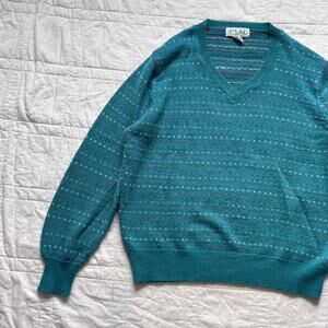 Vintage E.V.Ltd knit v neck sweater women XL warm retro birdseye pattern artsy